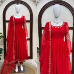 Red Color Faux Georgette Fabric Thread With Sequence Work Gown