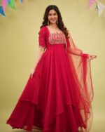 Red Color Fendi Crush Fabric Sequence With Beads Cut Dana Work Gown
