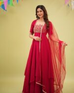 Red Color Fendi Crush Fabric Sequence With Beads Cut Dana Work Gown