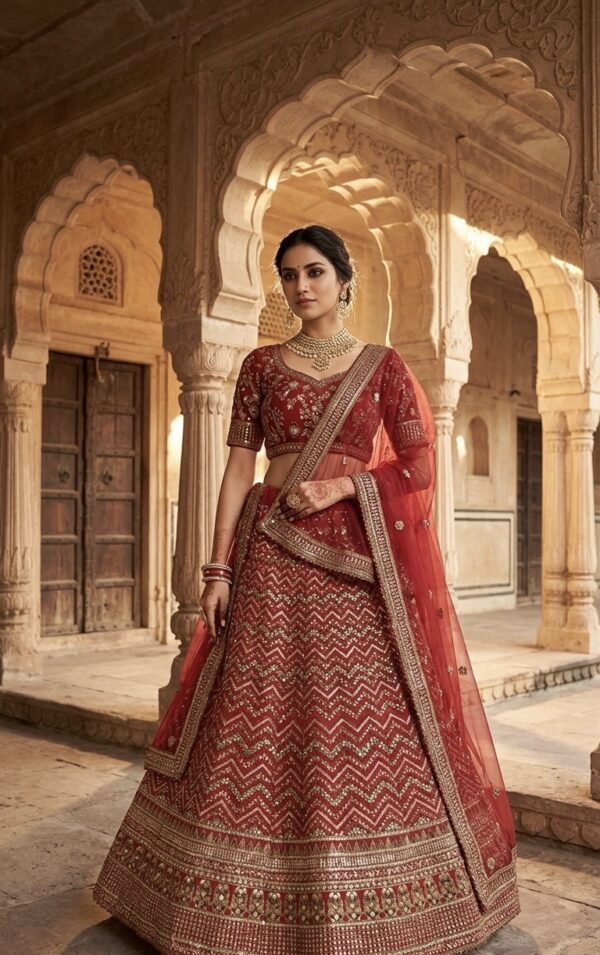 Red Color Thai Silk Fabric Sequence With Jari Thread Work Lehenga