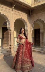 Red Color Thai Silk Fabric Sequence With Jari Thread Work Lehenga
