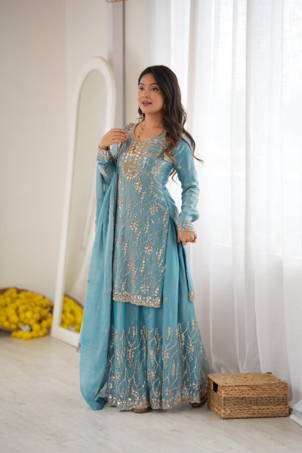 Sky Blue Color Fendi Silk Fabric Sequence With Bead Work Sharara Suit