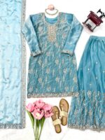 Sky Blue Color Fendi Silk Fabric Sequence With Bead Work Sharara Suit