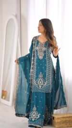 Teal Blue Color Chinon Silk Fabric Sequence With Cut Dana Bead Work Palazzo Suit