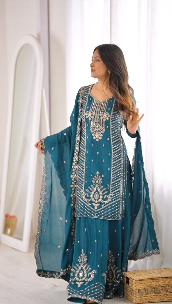 Teal Blue Color Chinon Silk Fabric Sequence With Cut Dana Bead Work Palazzo Suit
