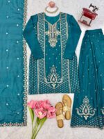 Teal Blue Color Chinon Silk Fabric Sequence With Cut Dana Bead Work Palazzo Suit