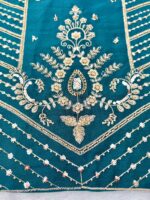 Teal Blue Color Chinon Silk Fabric Sequence With Cut Dana Bead Work Palazzo Suit