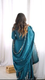 Teal Blue Color Chinon Silk Fabric Sequence With Cut Dana Bead Work Palazzo Suit
