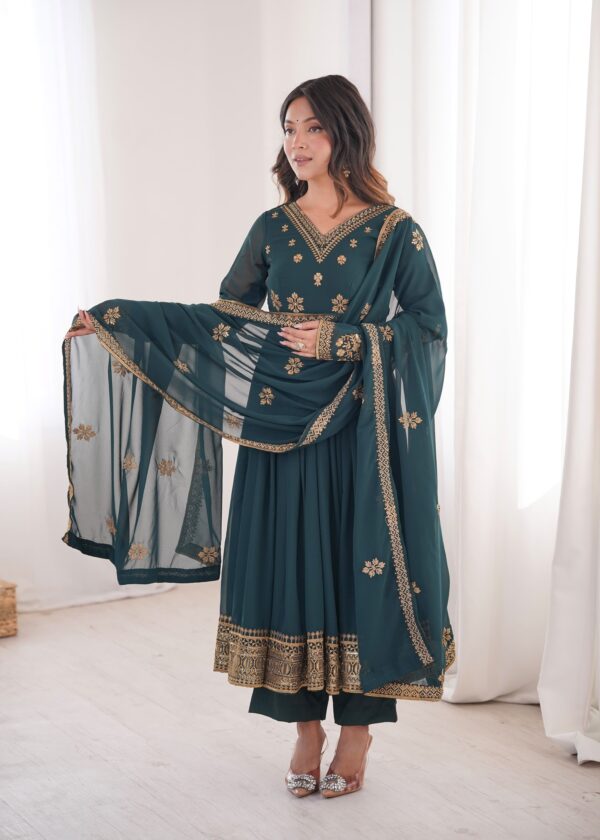 Teal Blue Color Faux Georgette Fabric Embroidery With Sequence Work Anarkali Suit