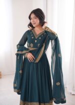Teal Blue Color Faux Georgette Fabric Embroidery With Sequence Work Anarkali Suit