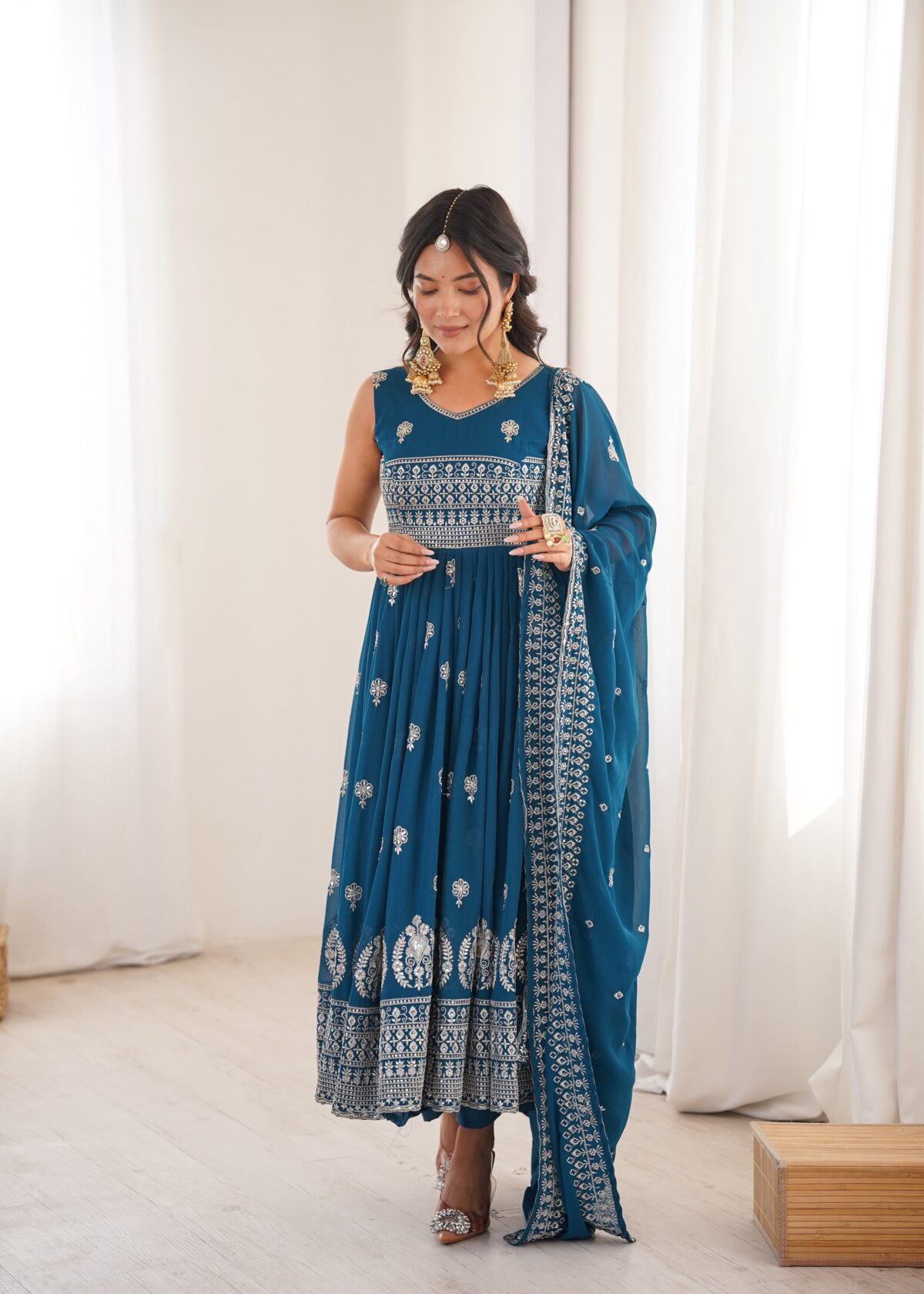 Teal Blue Color Faux Georgette Fabric Embroidery With Sequence Work Anarkali Suit