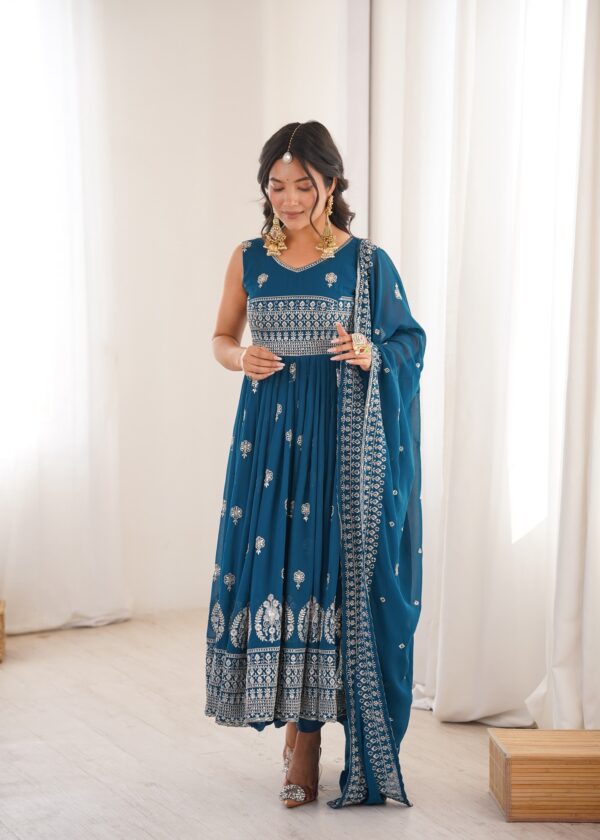 Teal Blue Color Faux Georgette Fabric Embroidery With Sequence Work Anarkali Suit