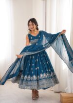 Teal Blue Color Faux Georgette Fabric Embroidery With Sequence Work Anarkali Suit