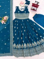 Teal Blue Color Faux Georgette Fabric Embroidery With Sequence Work Anarkali Suit