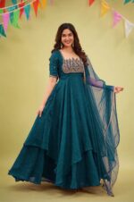 Teal Blue Color Fendi Crush Fabric Sequence With Beads Cut Dana Work Gown