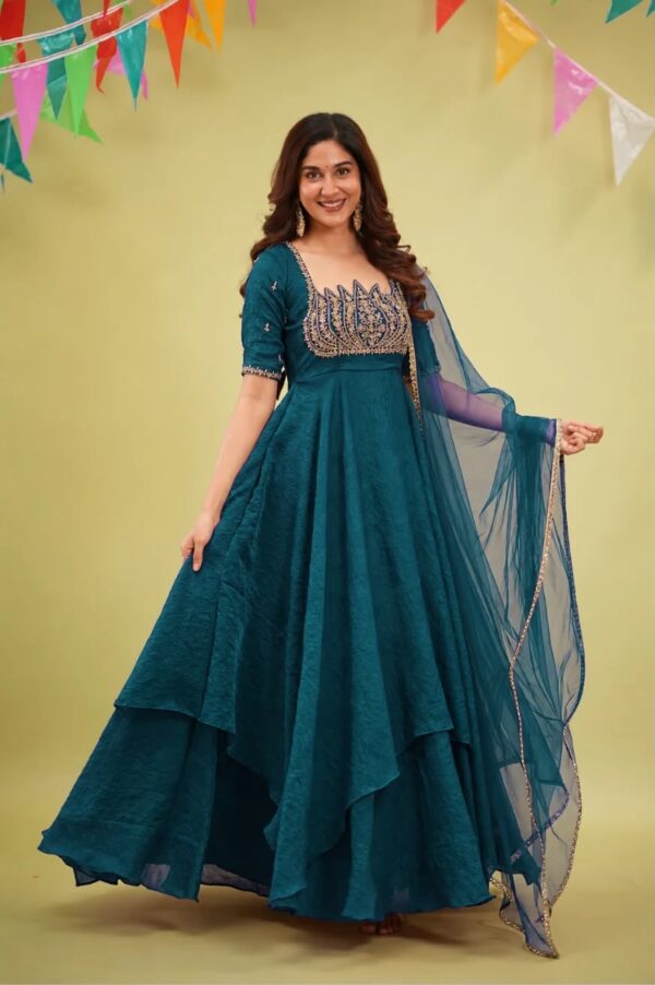 Teal Blue Color Fendi Crush Fabric Sequence With Beads Cut Dana Work Gown