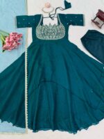Teal Blue Color Fendi Crush Fabric Sequence With Beads Cut Dana Work Gown