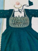 Teal Blue Color Fendi Crush Fabric Sequence With Beads Cut Dana Work Gown