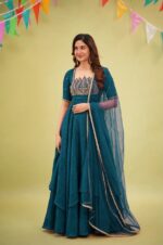Teal Blue Color Fendi Crush Fabric Sequence With Beads Cut Dana Work Gown