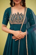 Teal Blue Color Fendi Crush Fabric Sequence With Beads Cut Dana Work Gown
