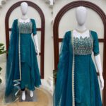 Teal Blue Color Fendi Crush Fabric Sequence With Beads Cut Dana Work Gown