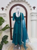 Teal Blue Color Fendi Crush Fabric Sequence With Beads Cut Dana Work Gown