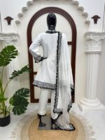 White Color Natural Crepe Fabric Thread With Real Mirror Work Suit