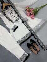 White Color Natural Crepe Fabric Thread With Real Mirror Work Suit