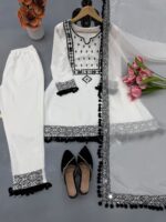 White Color Natural Crepe Fabric Thread With Real Mirror Work Suit