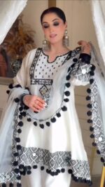 White Color Natural Crepe Fabric Thread With Real Mirror Work Suit