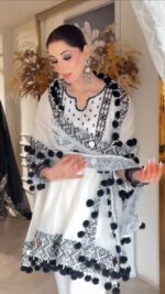 White Color Natural Crepe Fabric Thread With Real Mirror Work Suit