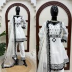 White Color Natural Crepe Fabric Thread With Real Mirror Work Suit