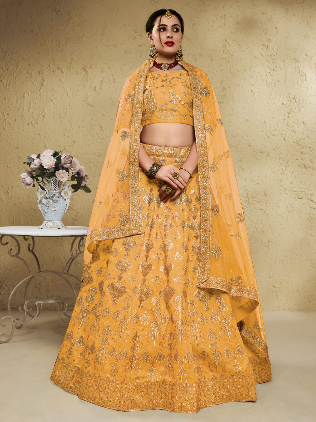 Yellow Color Art Silk Fabric Jari With Sequence Embroidery Work Lehenga