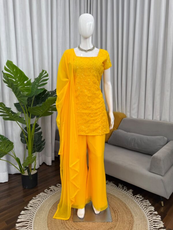 Yellow Color Faux Georgette Fabric Thread With Sequence Work Suit