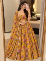 Yellow Color Tabby Silk Fabric Print With Hand Real Mirror Work Lehenga