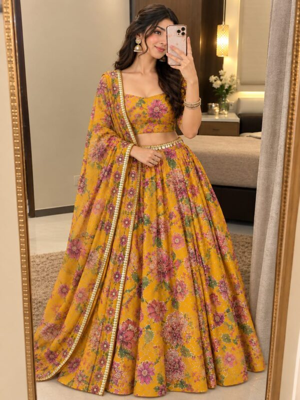Yellow Color Tabby Silk Fabric Print With Hand Real Mirror Work Lehenga