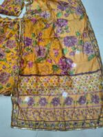 Yellow Color Tabby Silk Fabric Print With Hand Real Mirror Work Lehenga