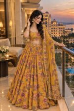 Yellow Color Tabby Silk Fabric Print With Hand Real Mirror Work Lehenga